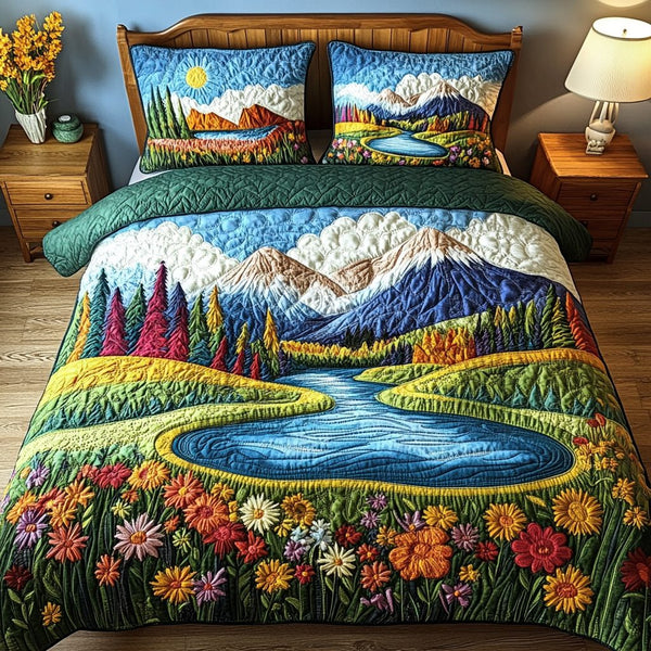 River Song quilted 3-piece bedding set on a made bed with two matching pillow shams