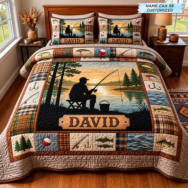 River Spirit 3-Piece Quilted Bedding Set quilted 3-piece bedding set on a made bed with two matching pillow shams
