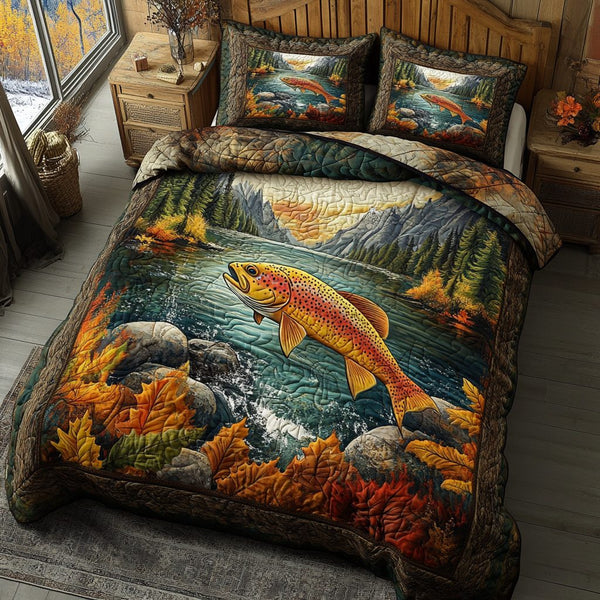 River Strike quilted 3-piece bedding set on a made bed with two matching pillow shams