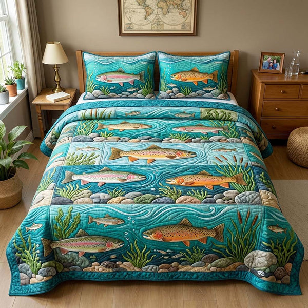 River Trout quilted 3-piece bedding set on a made bed with two matching pillow shams