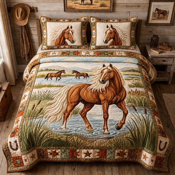 River Valley Horse quilted 3-piece bedding set on a made bed in a rustic timber bedroom