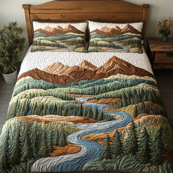 River Valley quilted 3-piece bedding set on a made bed with two matching pillow shams