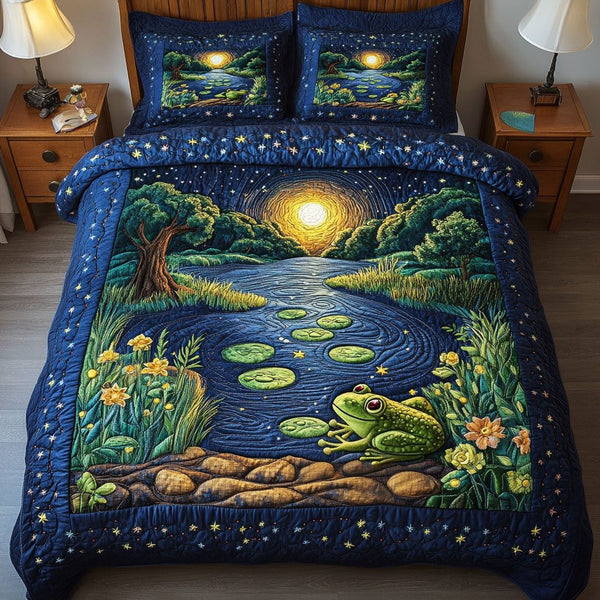 Riverbank Frog quilted 3-piece bedding set on a made bed with two matching pillow shams