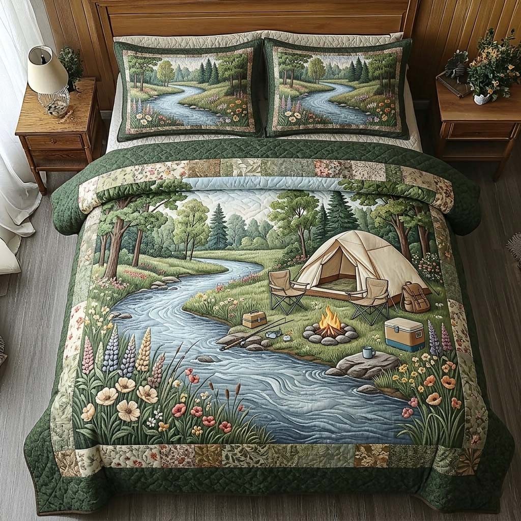 Riverbank Retreat quilted 3-piece bedding set on a made bed with two matching pillow shams