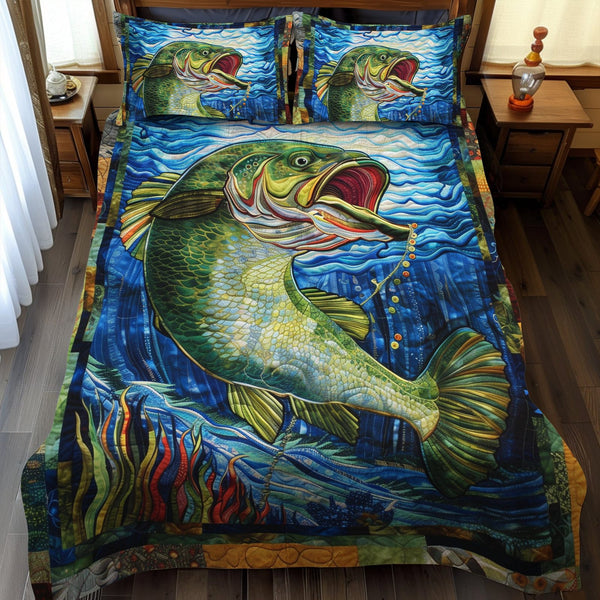 Riverbank Ruler quilted 3-piece bedding set on a made bed with two matching pillow shams
