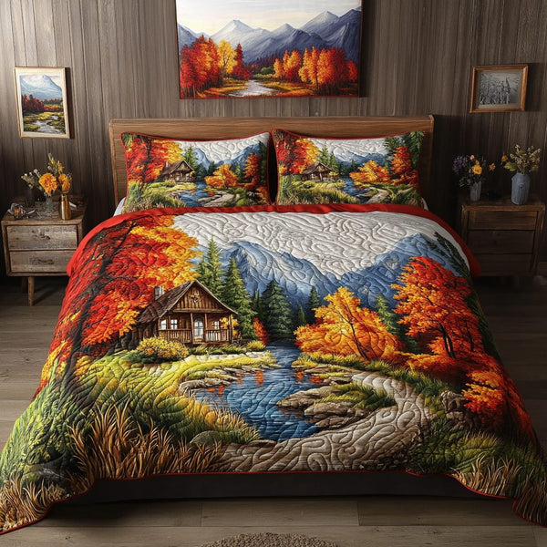 Riverbend Cabin quilted 3-piece bedding set on a made bed with two matching pillow shams