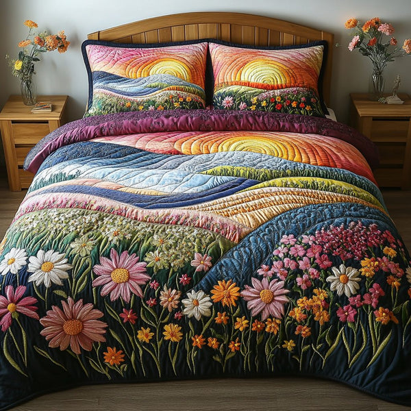 Riverbend Dreams quilted 3-piece bedding set on a made bed with two matching pillow shams