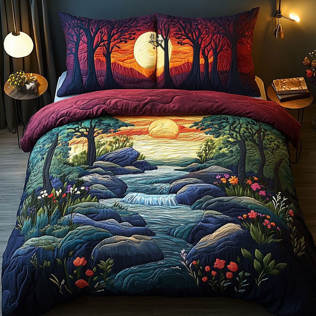 Riverbend Serenity quilted 3-piece bedding set on a made bed with two matching pillow shams