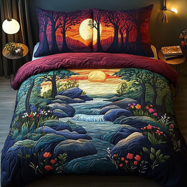 Riverbend Serenity quilted 3-piece bedding set on a made bed with two matching pillow shams