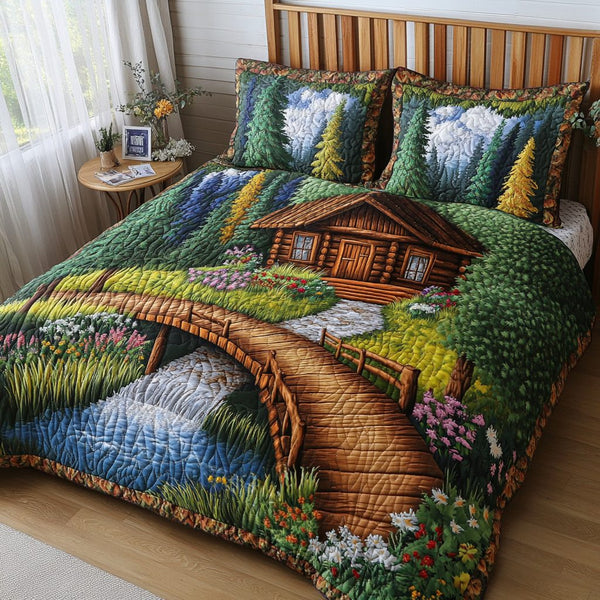 Riverfront Cabin quilted 3-piece bedding set on a made bed with two matching pillow shams