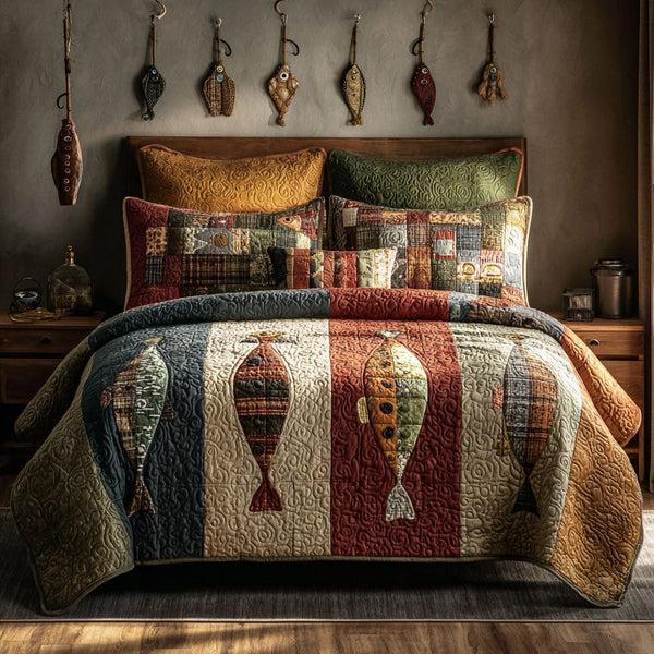 Riverkeeper quilted 3-piece bedding set on a made bed with two matching pillow shams
