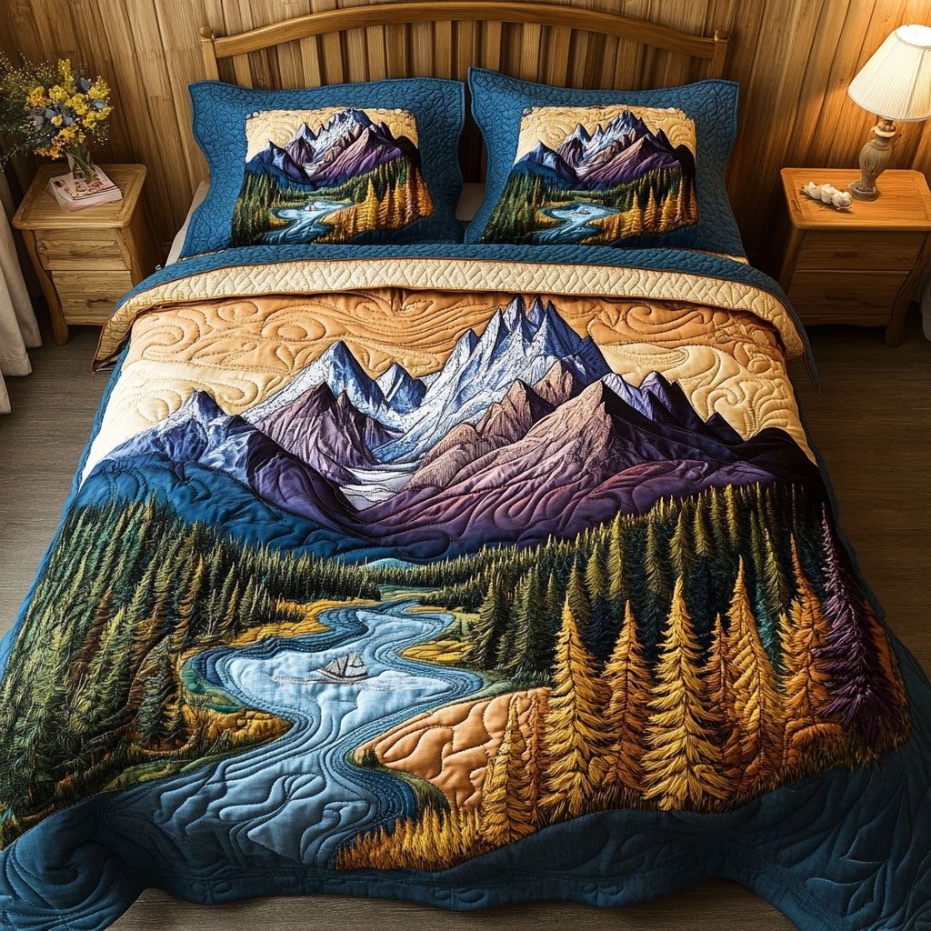 Riverlight Peaks quilted 3-piece bedding set on a made bed with two matching pillow shams