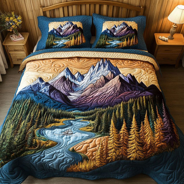 Riverlight Peaks quilted 3-piece bedding set on a made bed with two matching pillow shams