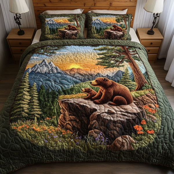 Riverside Bears quilted 3-piece bedding set on a made bed with two matching pillow shams