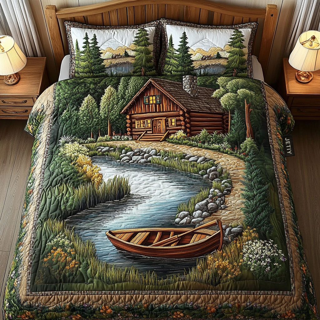 Riverside Cabin Boat quilted 3-piece bedding set on a made bed in a light coastal bedroom