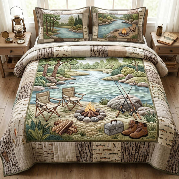 Riverside Escape quilted 3-piece bedding set on a made bed with two matching pillow shams