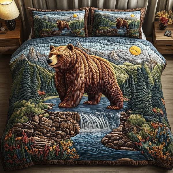Riverside Majestic Bear quilted 3-piece bedding set on a made bed with two matching pillow shams