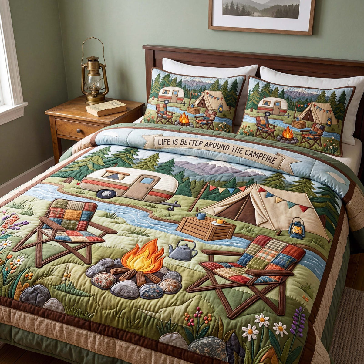 Riverside Retreat quilted 3-piece bedding set on a made bed with two matching pillow shams