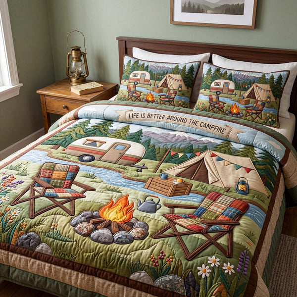 Riverside Retreat quilted 3-piece bedding set on a made bed with two matching pillow shams