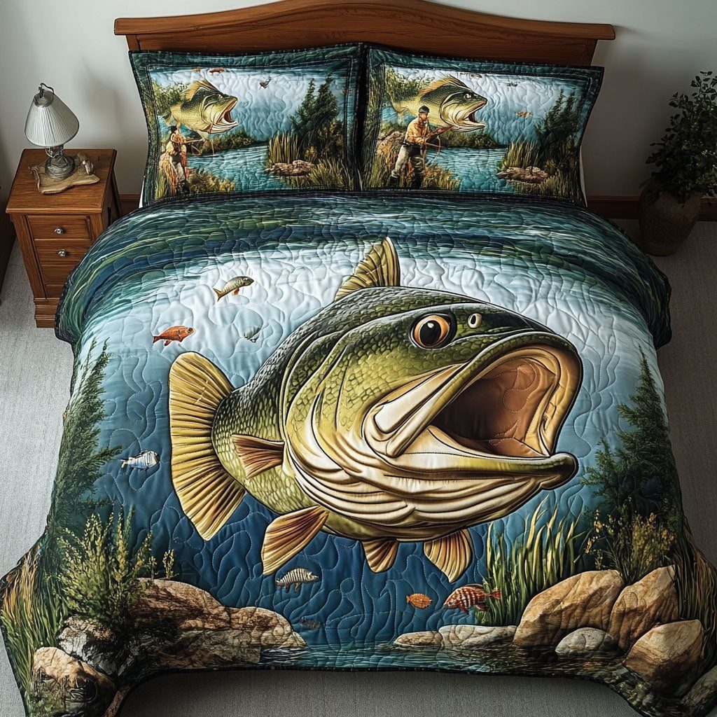 Riverside Retreat quilted 3-piece bedding set on a made bed with two matching pillow shams