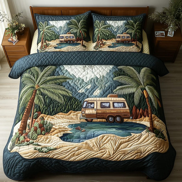 Road Bliss quilted 3-piece bedding set on a made bed with two matching pillow shams
