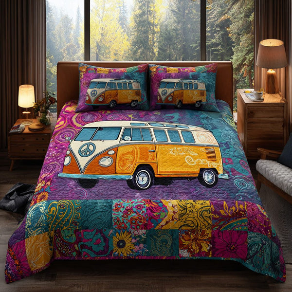 Road Groove quilted 3-piece bedding set on a made bed with two matching pillow shams