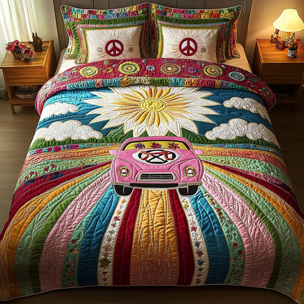 Road to Harmony quilted 3-piece bedding set on a made bed with two matching pillow shams
