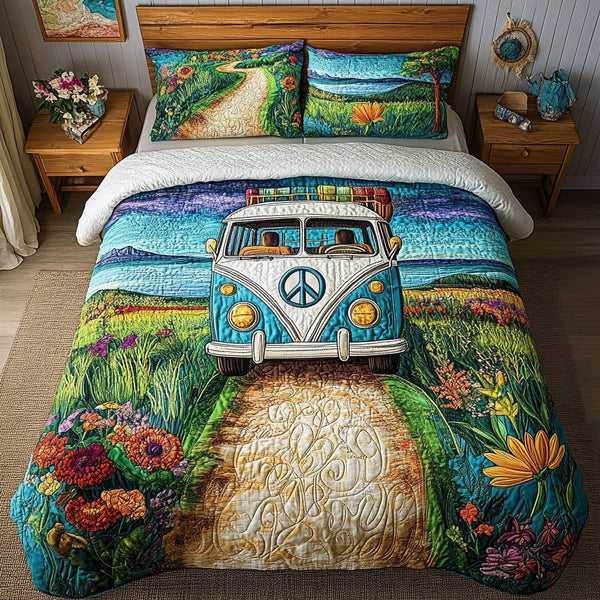 Road to Paradise quilted 3-piece bedding set on a made bed with two matching pillow shams