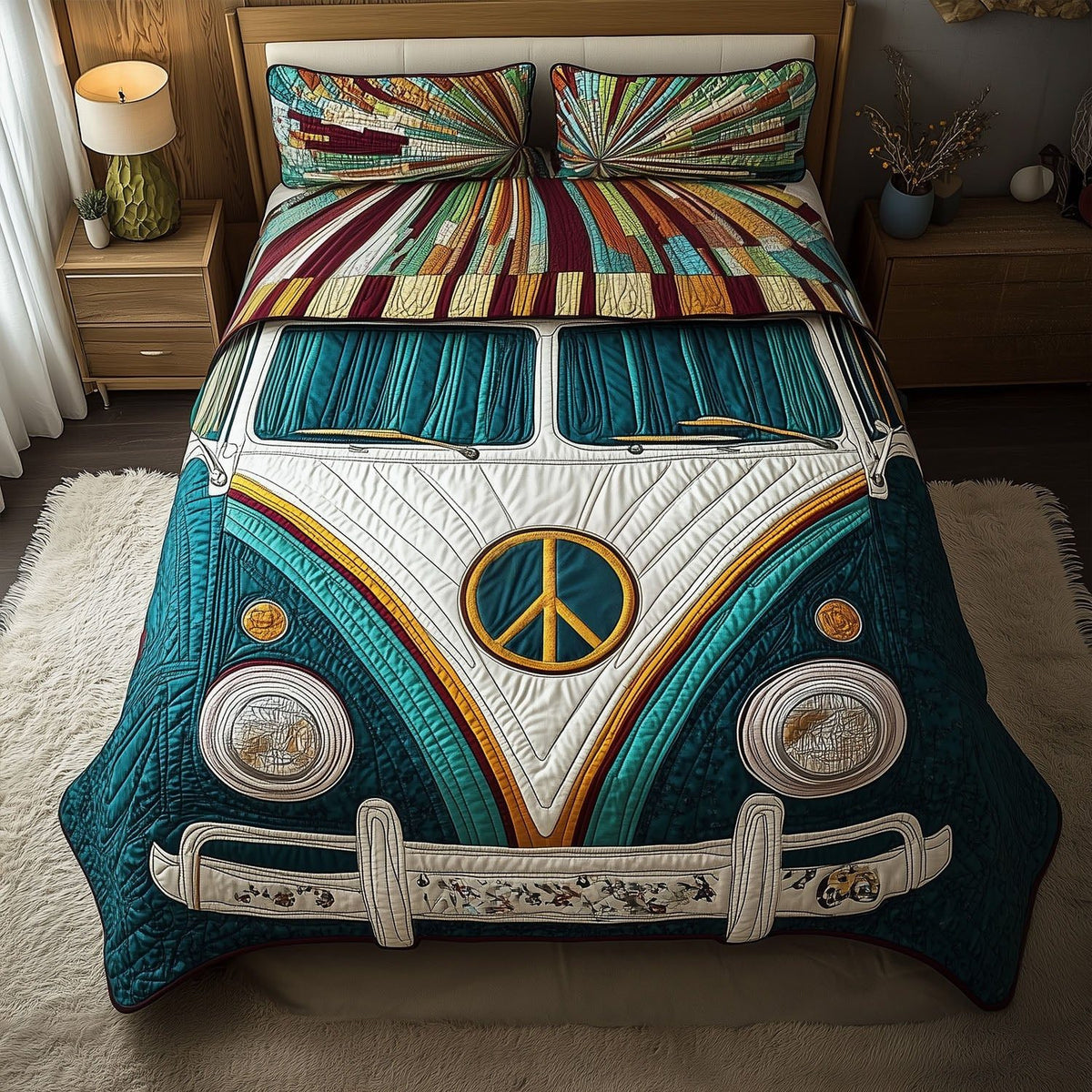 Road to Serenity quilted 3-piece bedding set on a made bed with two matching pillow shams