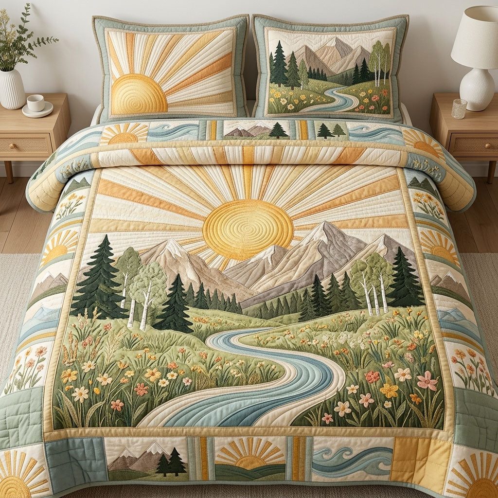 Road To Sunshine quilted 3-piece bedding set on a made bed with two matching pillow shams