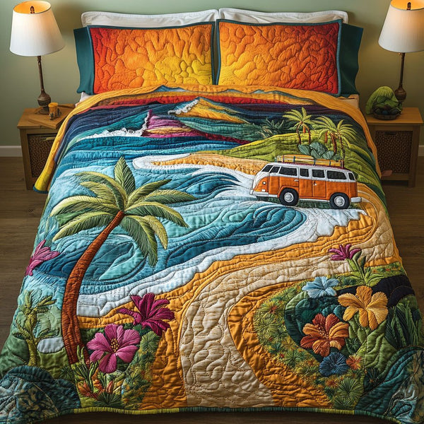 Road to the Waves quilted 3-piece bedding set on a made bed in a light coastal bedroom