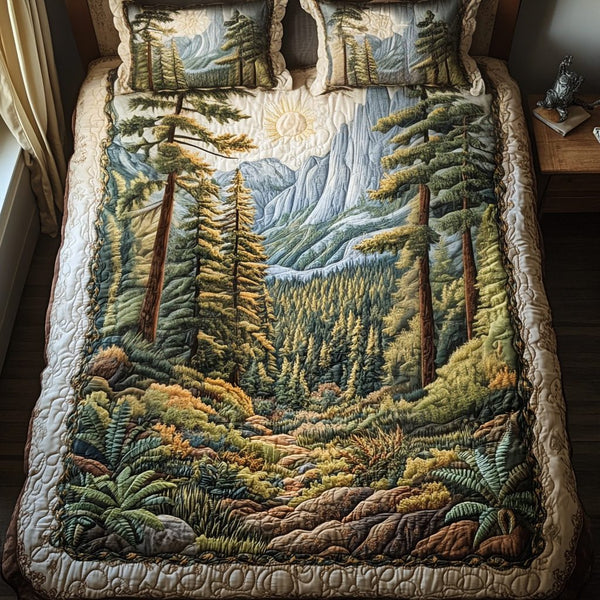 Road to Yosemite quilted 3-piece bedding set on a made bed with two matching pillow shams