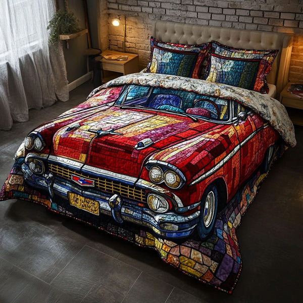 Road Trip Dreams quilted 3-piece bedding set on a made bed with two matching pillow shams
