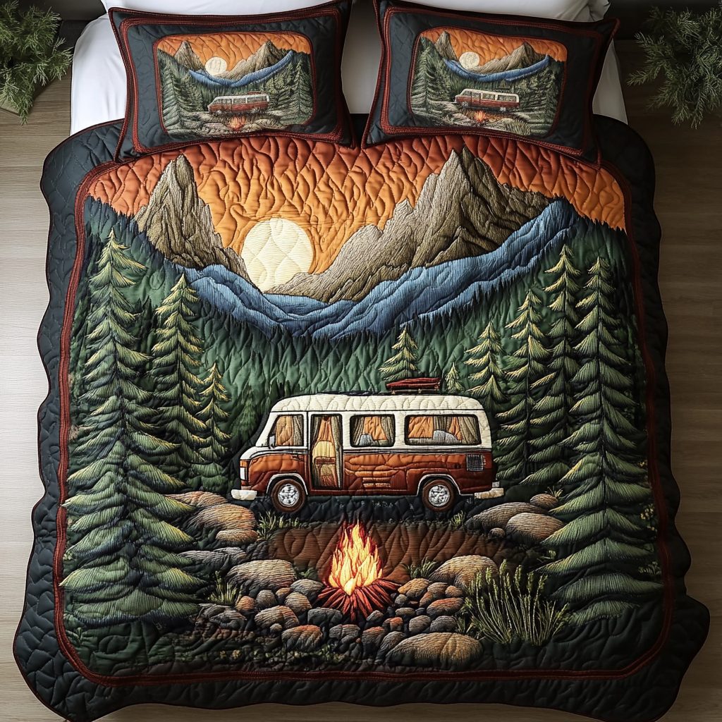 Road Trip quilted 3-piece bedding set on a made bed with two matching pillow shams