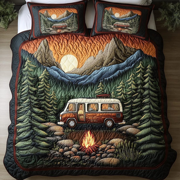 Road Trip quilted 3-piece bedding set on a made bed with two matching pillow shams