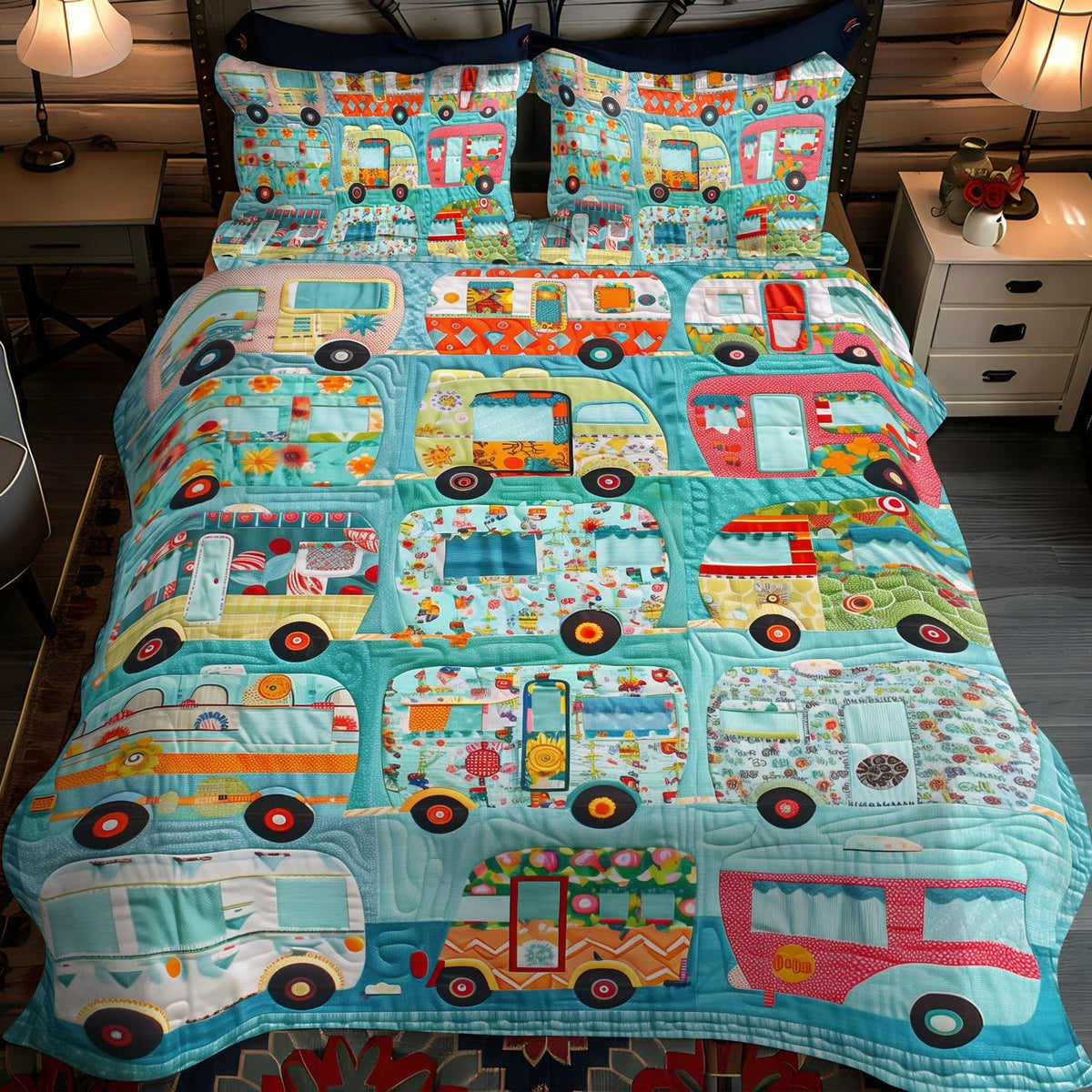 Road Trip Vibes quilted 3-piece bedding set on a made bed with two matching pillow shams