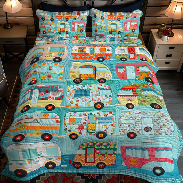 Road Trip Vibes quilted 3-piece bedding set on a made bed with two matching pillow shams
