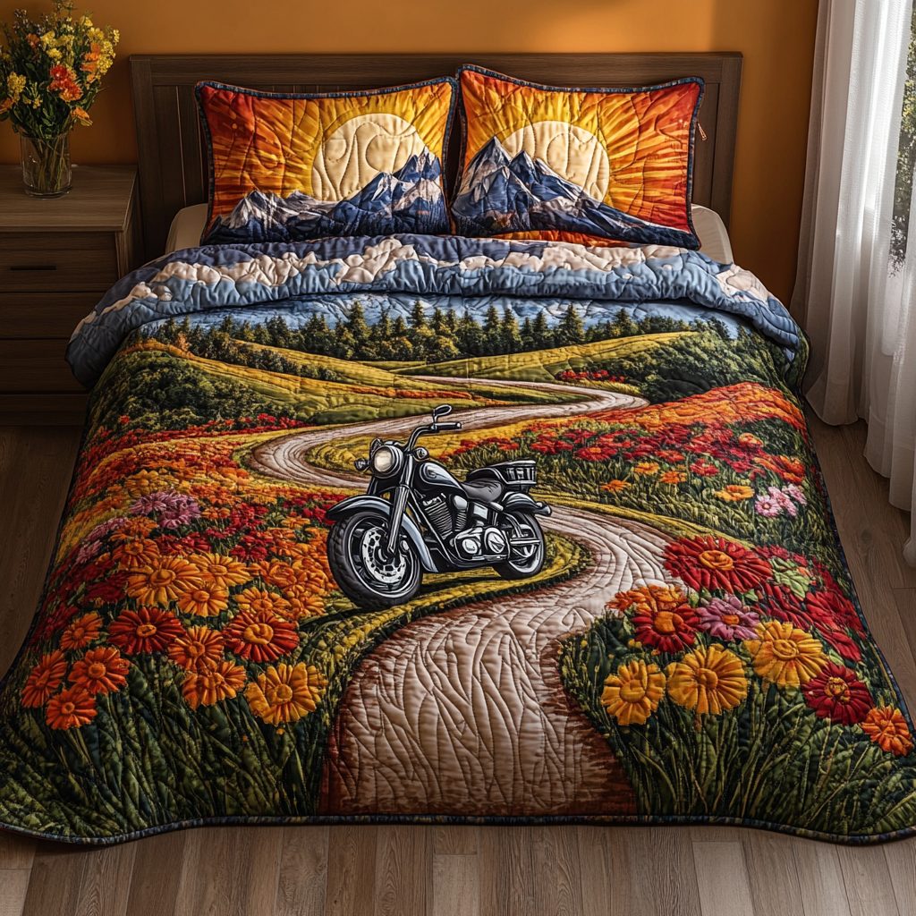 Road Warrior Dreams quilted 3-piece bedding set on a made bed with two matching pillow shams