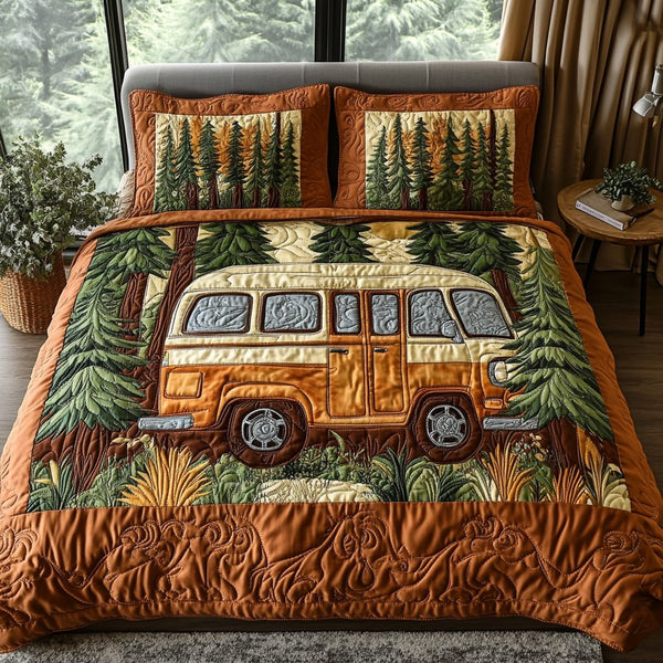 Roadside Getaway quilted 3-piece bedding set on a made bed with two matching pillow shams