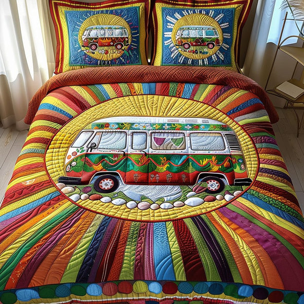 Roadtrip Dreams quilted 3-piece bedding set on a made bed with two matching pillow shams