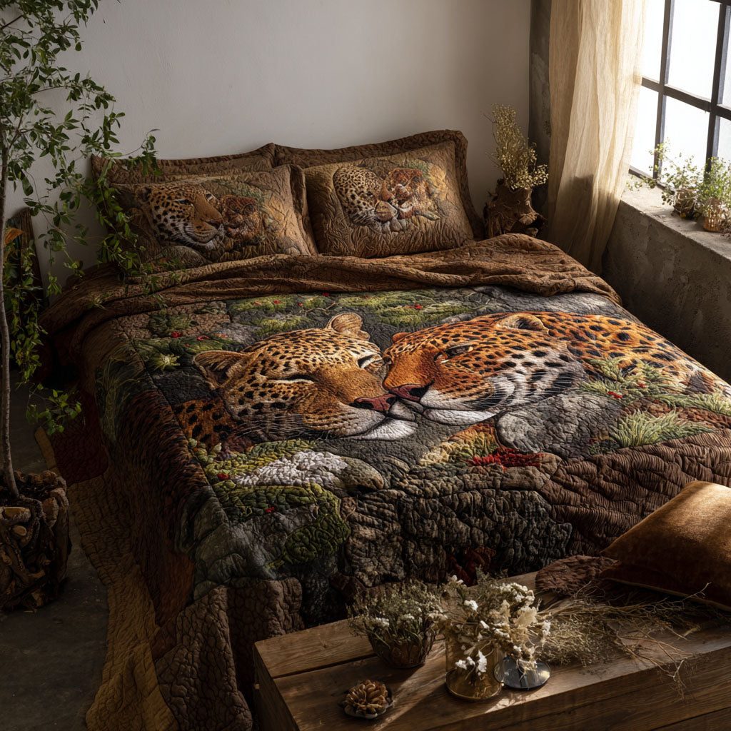 Roam With Me quilted 3-piece bedding set on a made bed with two matching pillow shams