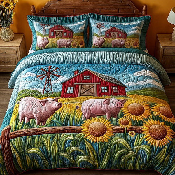Roaming Chickens quilted 3-piece bedding set on a made bed with two matching pillow shams