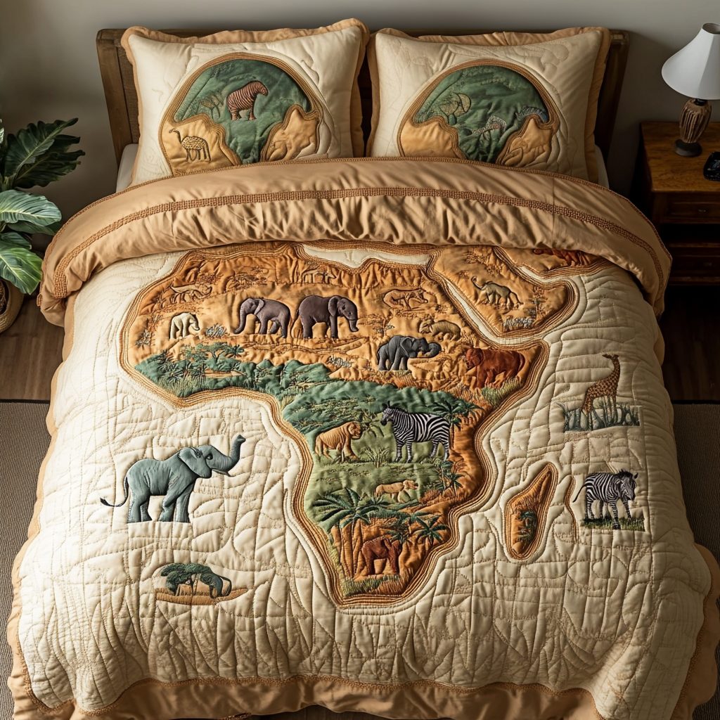 Roaming Heart quilted 3-piece bedding set on a made bed with two matching pillow shams