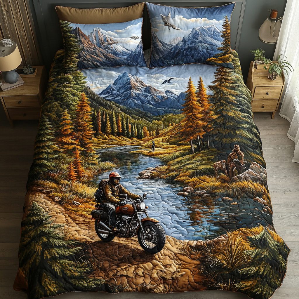 Roaming Path quilted 3-piece bedding set on a made bed with two matching pillow shams