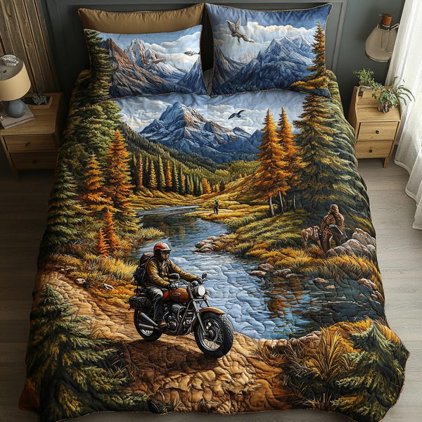 Roaming Path quilted 3-piece bedding set on a made bed with two matching pillow shams