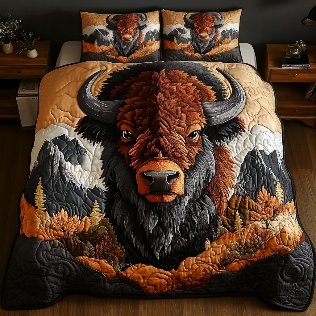Roaming Spirit quilted 3-piece bedding set on a made bed with two matching pillow shams