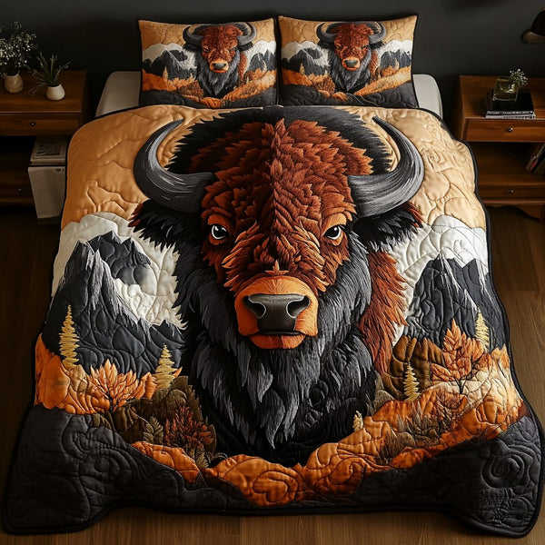 Roaming Spirit quilted 3-piece bedding set on a made bed with two matching pillow shams