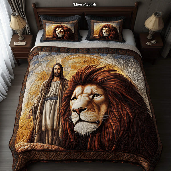 Roar of Faith quilted 3-piece bedding set on a made bed in a softly lit bedroom