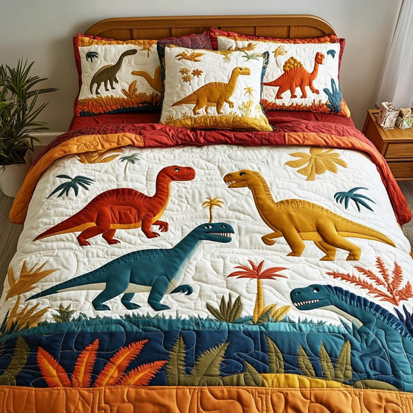 Roar Time quilted 3-piece bedding set on a made bed with two matching pillow shams