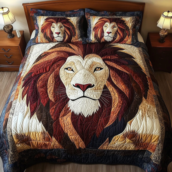 Roarbreaker Lion quilted 3-piece bedding set on a made bed with two matching pillow shams